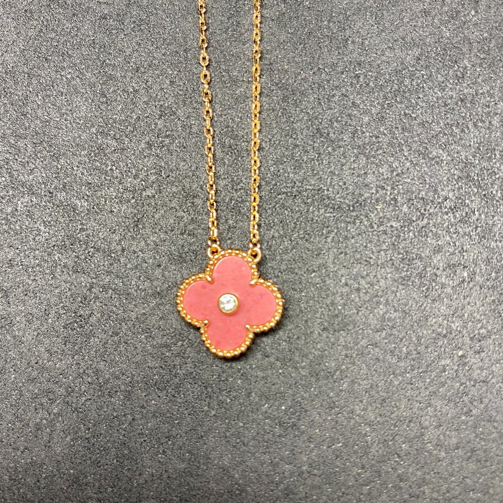 Pink Rhodonite clover Alhambra necklace on rose gold plated chain